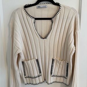 Zara V-Neck Cream Sweater with Black Accents